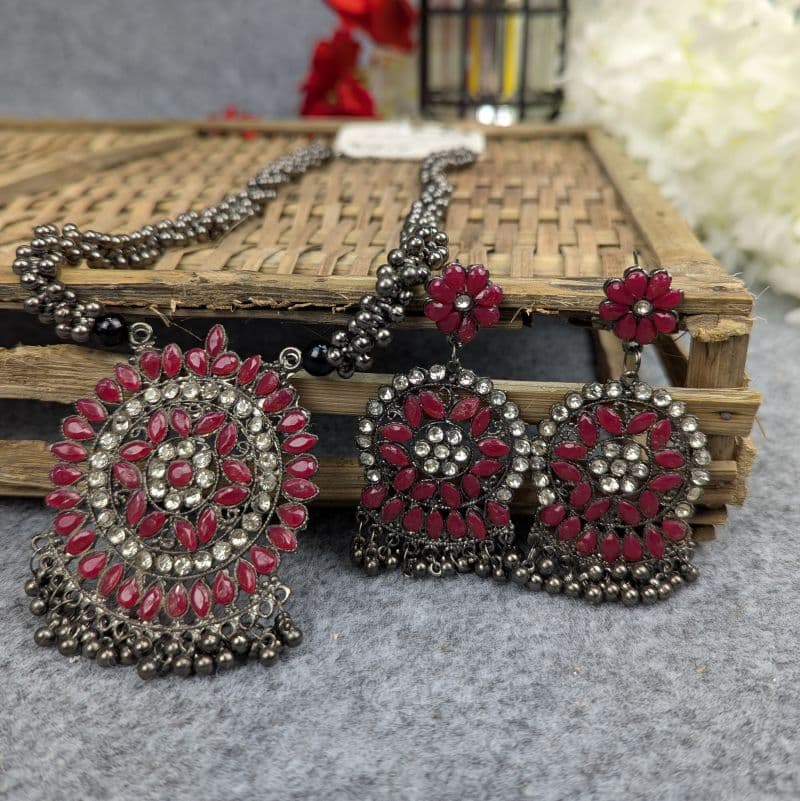 Antique Oxidized Necklace & Earrings Set – (Multiple Colors Available)