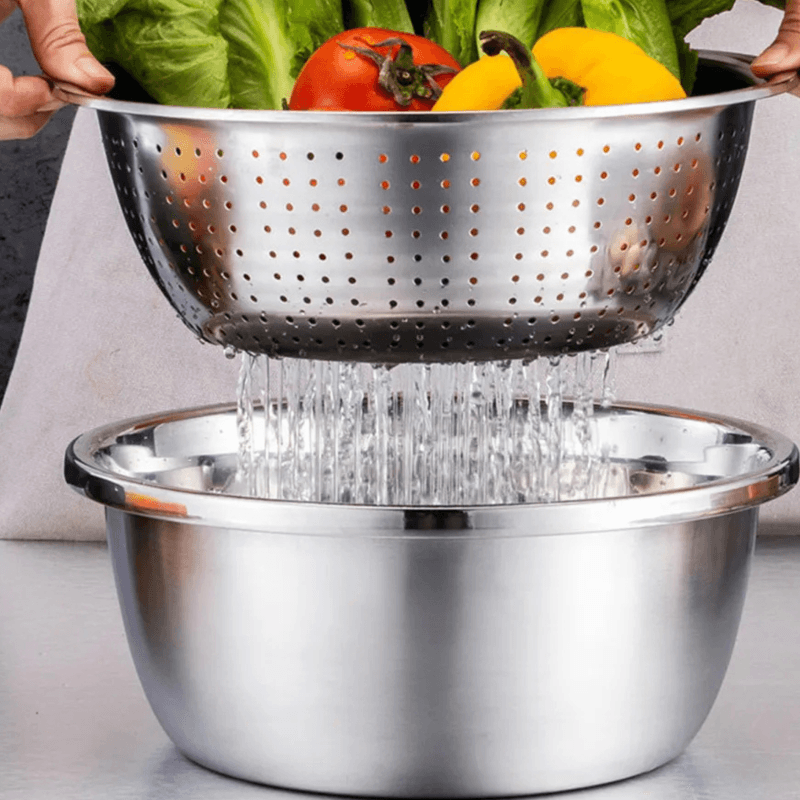 3-in-1 Stainless Steel Vegetable Cutter with Drain Basket Easy Food Prep for Southeast Asian Buyers Grater Basin for Fruits Vegetables